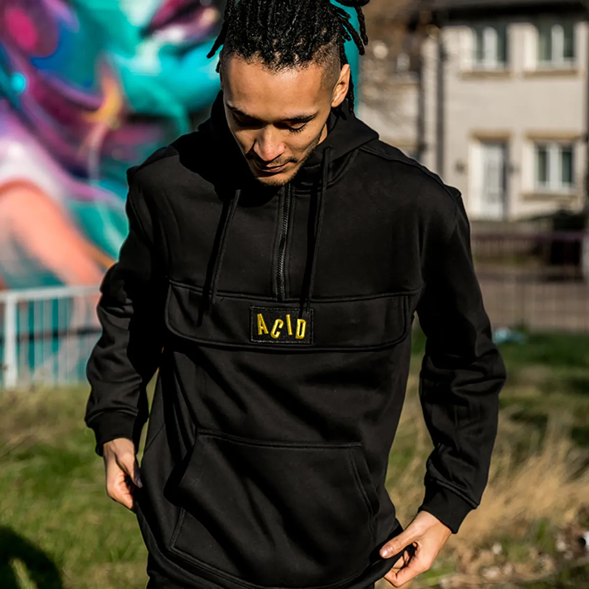 Acid Letter - 3/4 Zipped Pullover Hood - Black