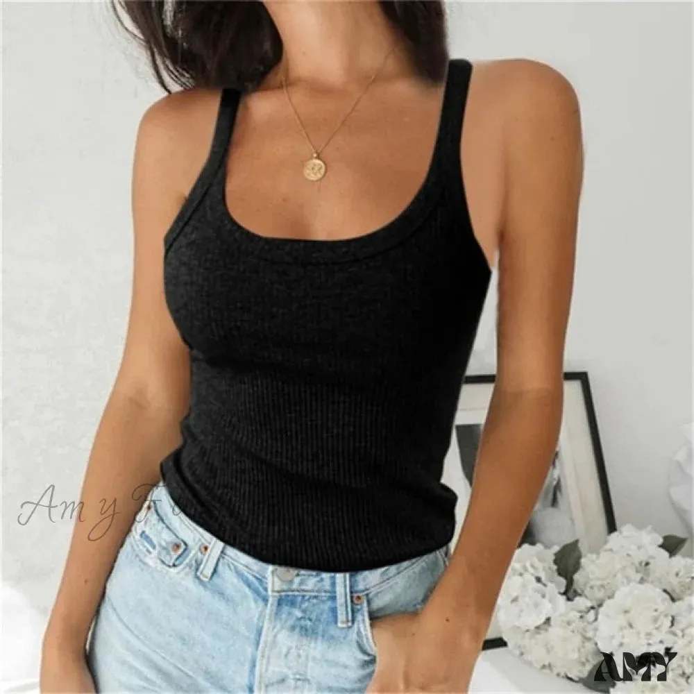 Amy Fashion - Spaghetti Vest Quality Knitted Camis U-neck Tank Tops