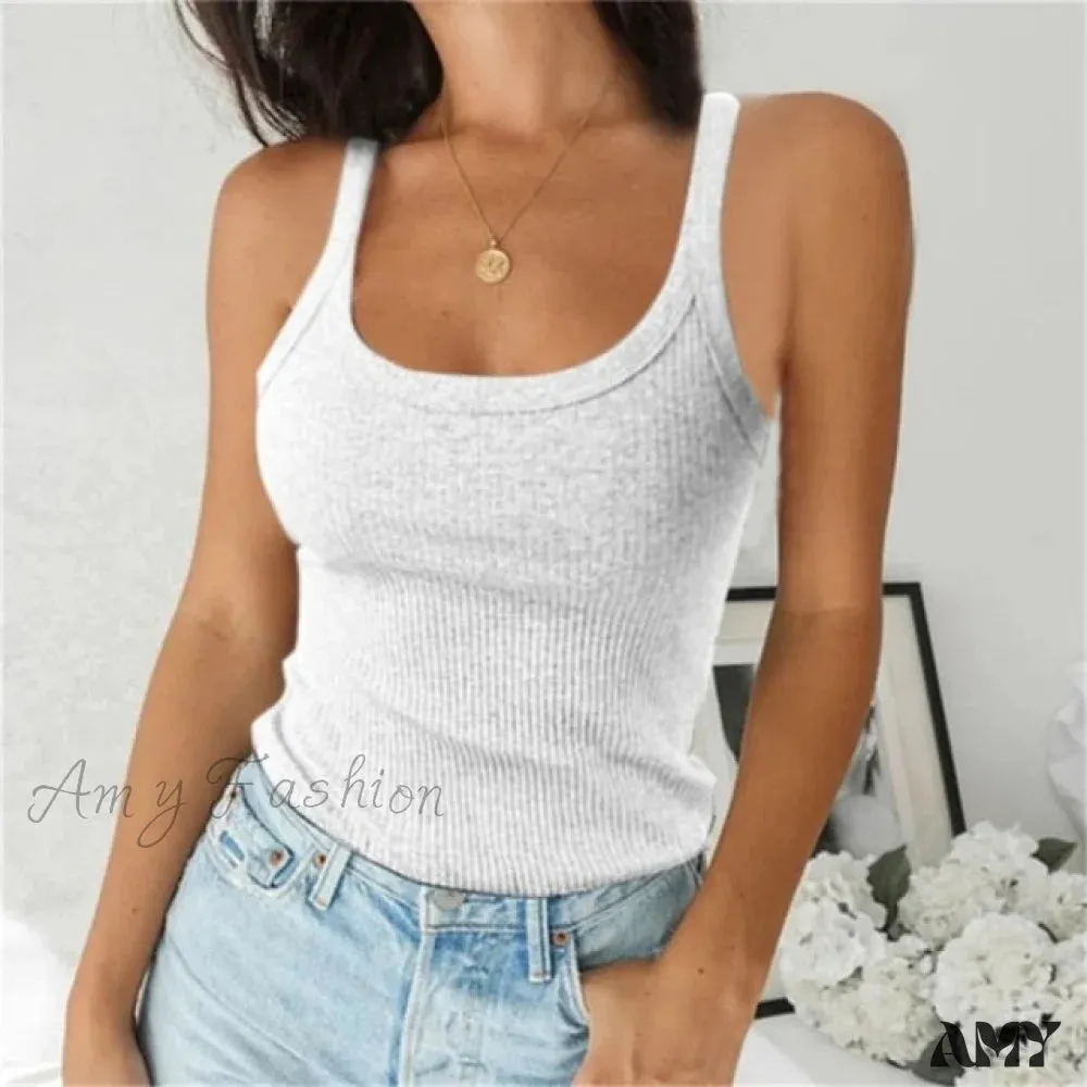 Amy Fashion - Spaghetti Vest Quality Knitted Camis U-neck Tank Tops