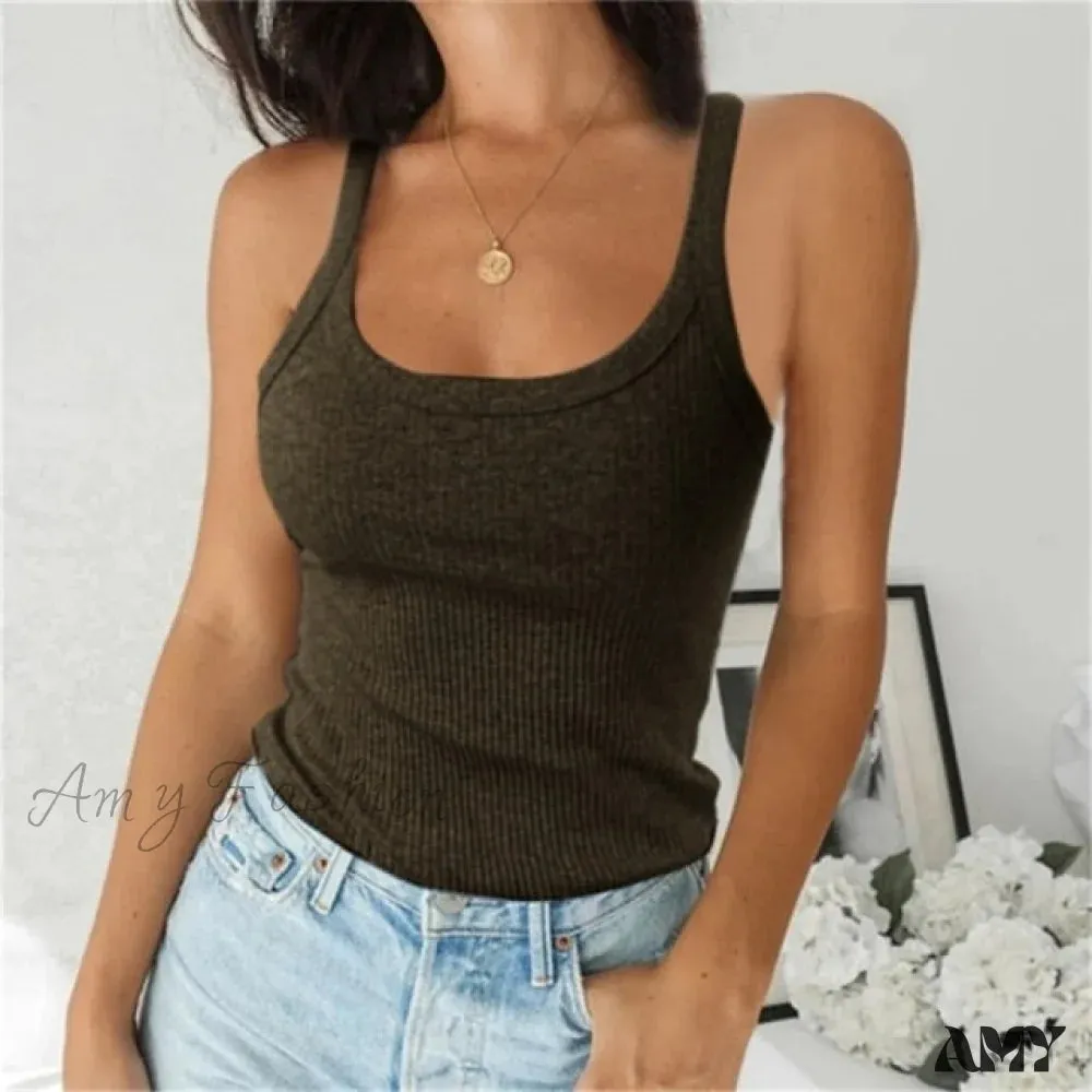 Amy Fashion - Spaghetti Vest Quality Knitted Camis U-neck Tank Tops