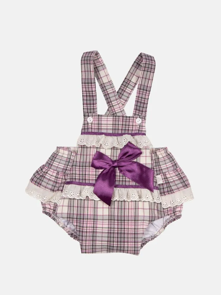 Baby Girl Luxury Tartan Romper - Grey with Purple Bow