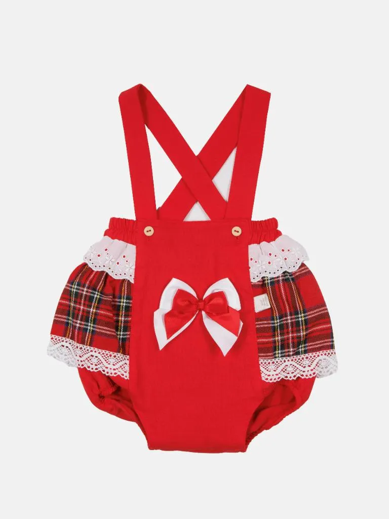 Baby Girl Winter Wonderland Collection Tartan Romper with Frills, Lace and Bows-Red and White collar