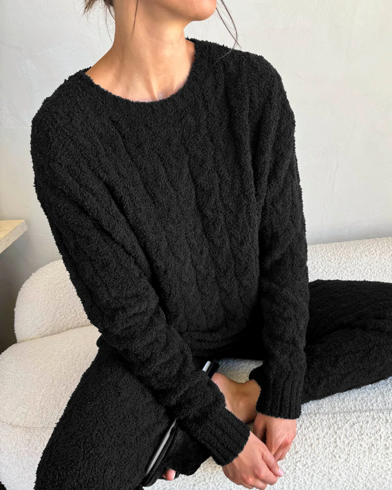 Black Fuzzy Cable Knit Sweater PJ Set