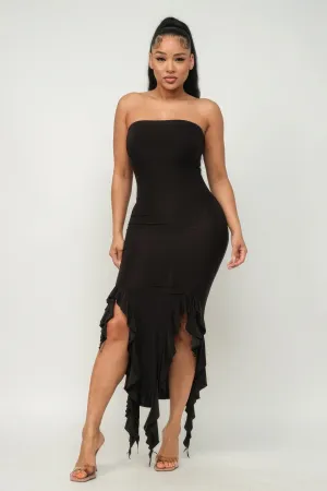 Black Strapless Ruffle Trim Hem Slit Tube Maxi Dress