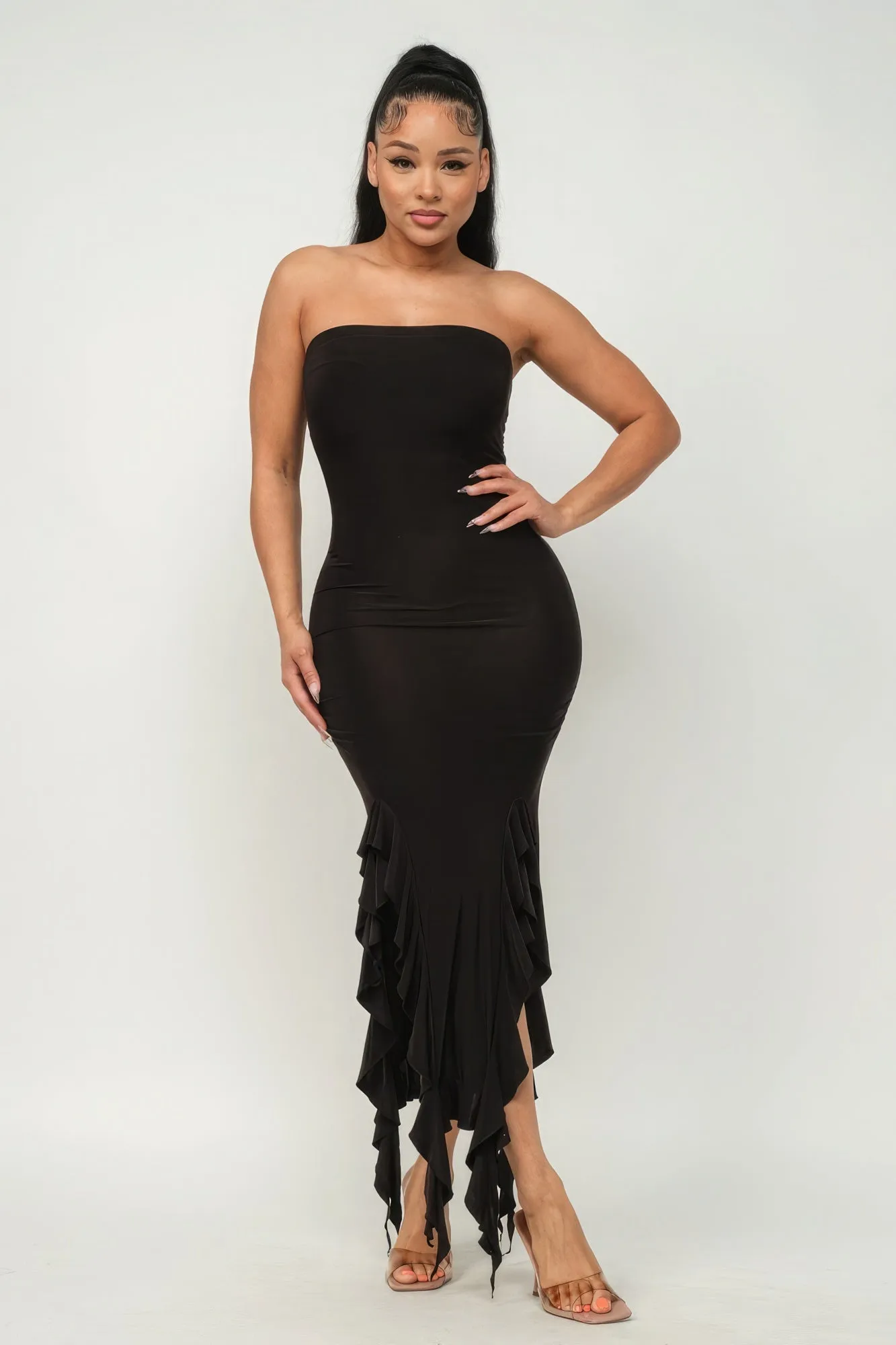 Black Strapless Ruffle Trim Hem Slit Tube Maxi Dress