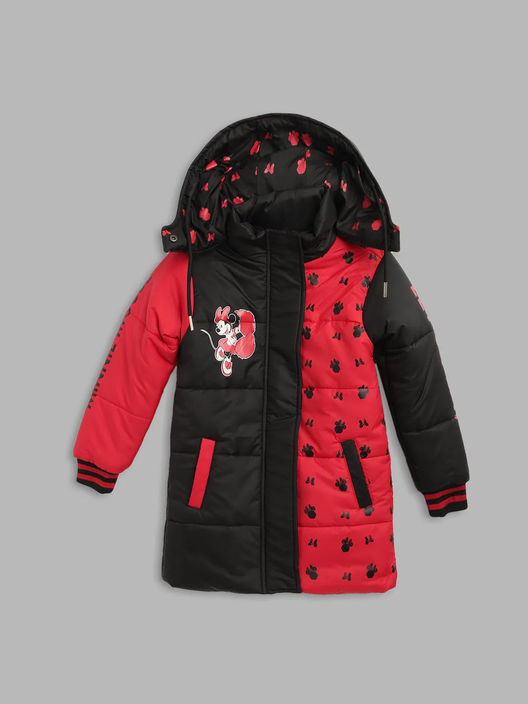 Blue Giraffe Girls Red Color-Blocked Hooded Full Sleeves Puffer Jacket