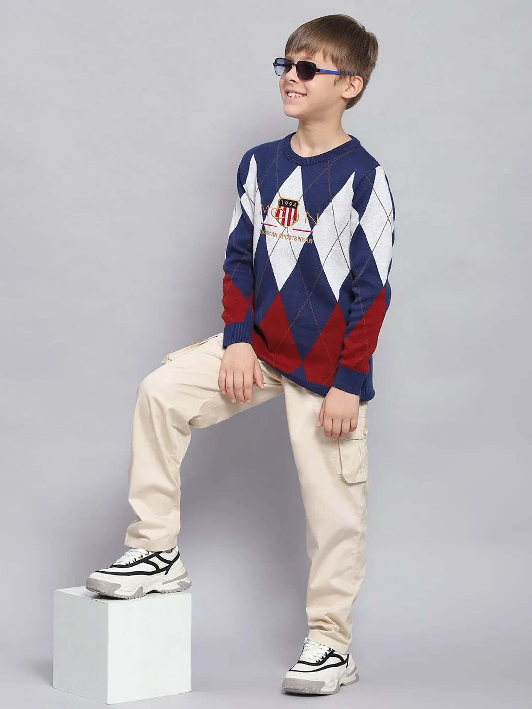 Boys Blue Self Design Round Neck Full Sleeve Sweater