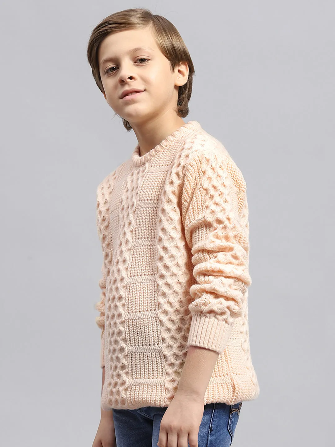 Boys Peach Self Design Round Neck Full Sleeve Pullover