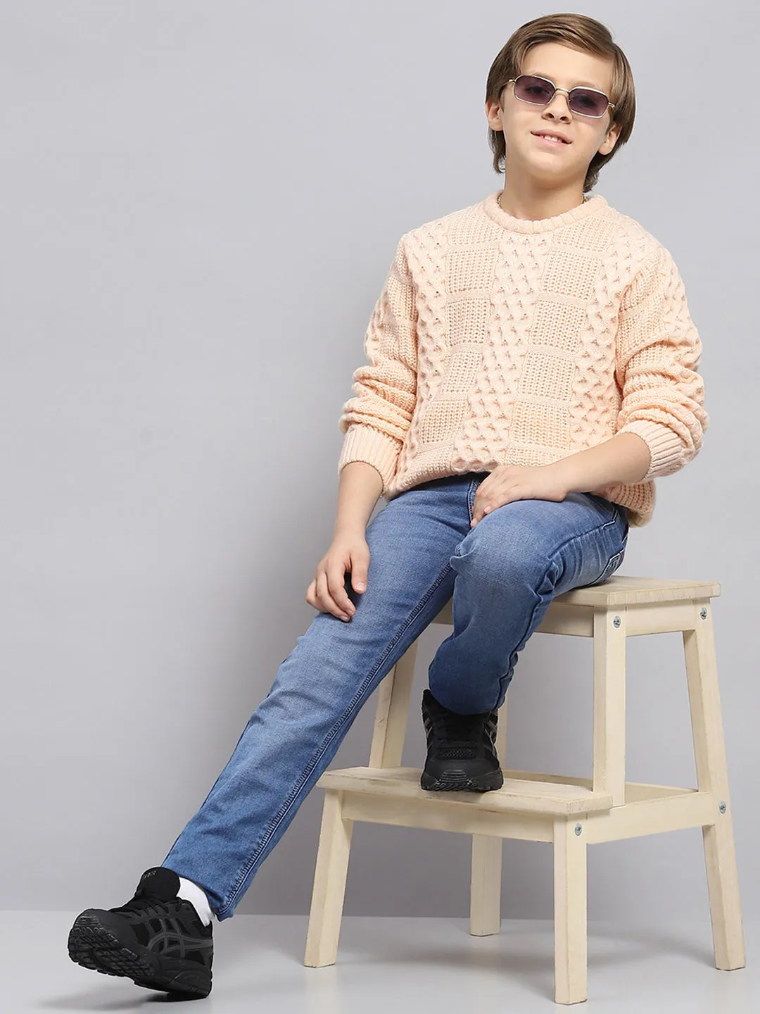 Boys Peach Self Design Round Neck Full Sleeve Pullover