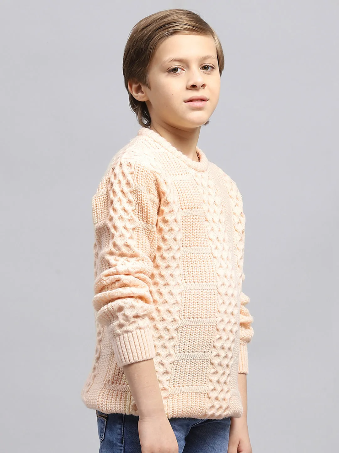 Boys Peach Self Design Round Neck Full Sleeve Pullover