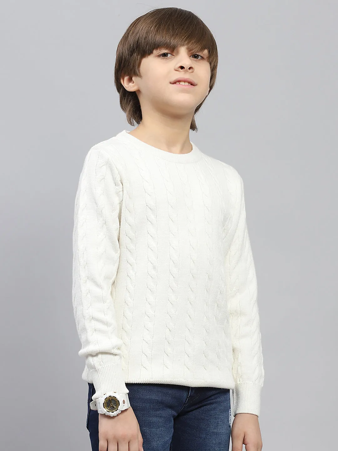 Boys White Self Design Round Neck Full Sleeve Pullover