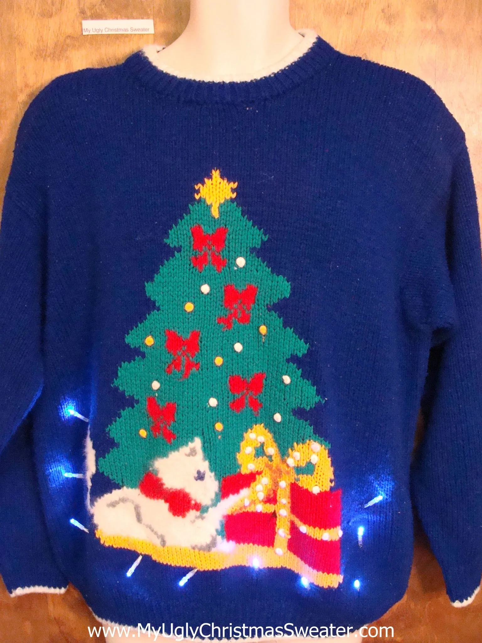 Bright 80s Tree and Scottie Dog Light Up Ugly Xmas Sweater