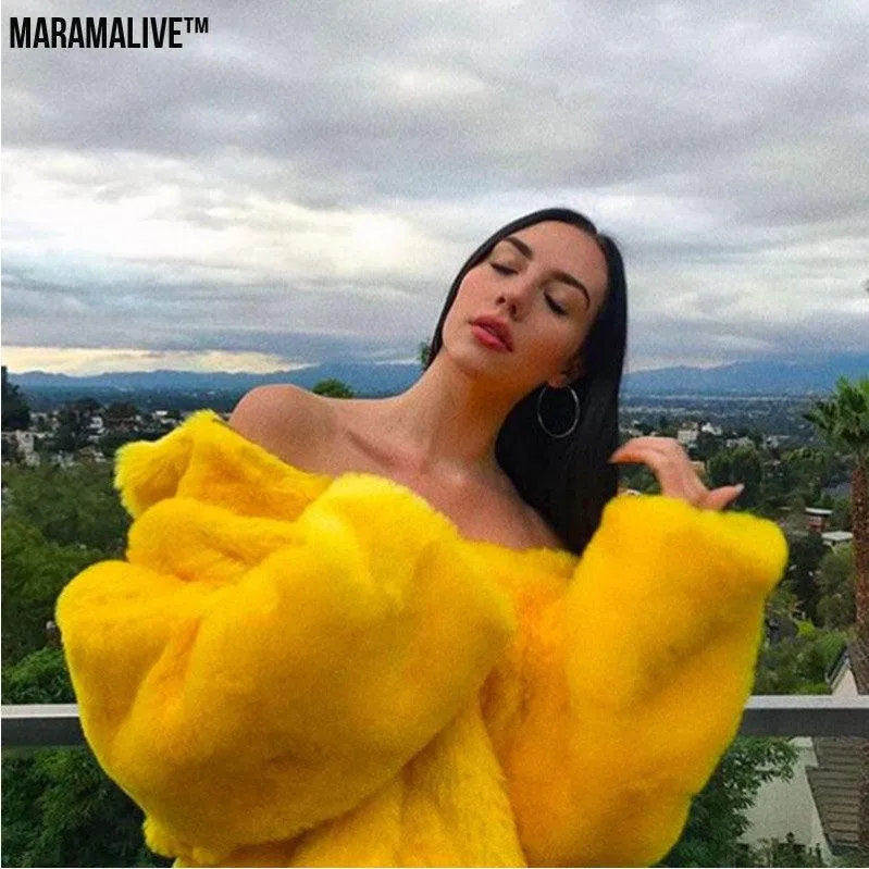 Bright Yellow Plunk Faux Fur Coat - Cool Fake Fur Jacket