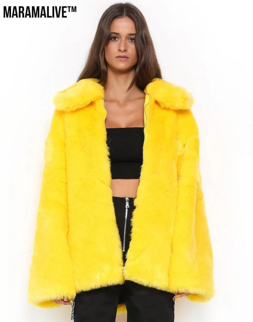 Bright Yellow Plunk Faux Fur Coat - Cool Fake Fur Jacket