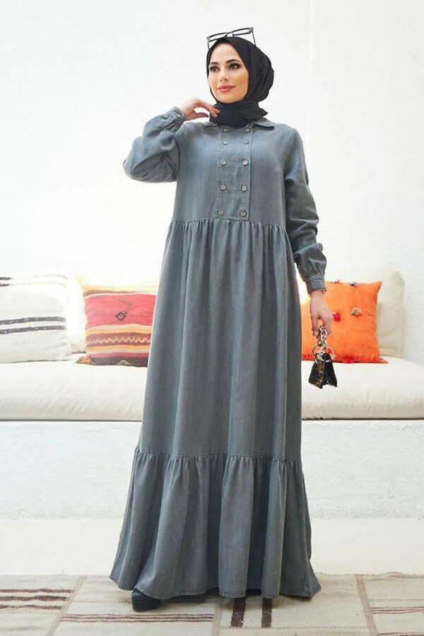 Button Front Designed Long Maxi Dress - In Soft Cotton Denim with Long Sleeves