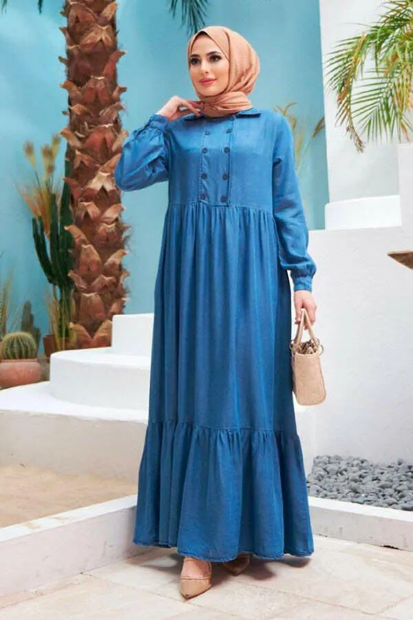 Button Front Designed Long Maxi Dress - In Soft Cotton Denim with Long Sleeves