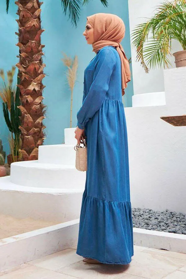 Button Front Designed Long Maxi Dress - In Soft Cotton Denim with Long Sleeves