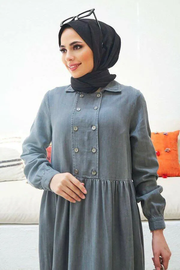 Button Front Designed Long Maxi Dress - In Soft Cotton Denim with Long Sleeves