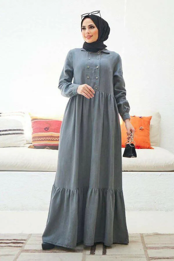 Button Front Designed Long Maxi Dress - In Soft Cotton Denim with Long Sleeves