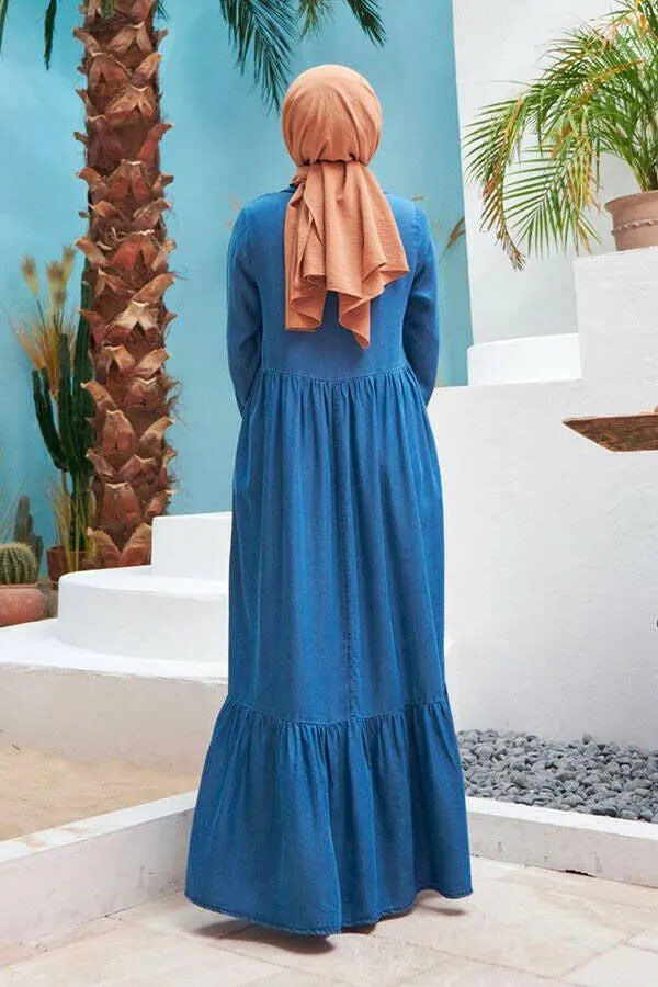 Button Front Designed Long Maxi Dress - In Soft Cotton Denim with Long Sleeves