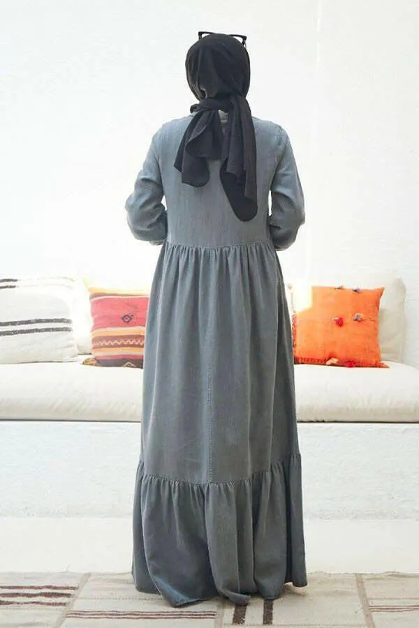 Button Front Designed Long Maxi Dress - In Soft Cotton Denim with Long Sleeves