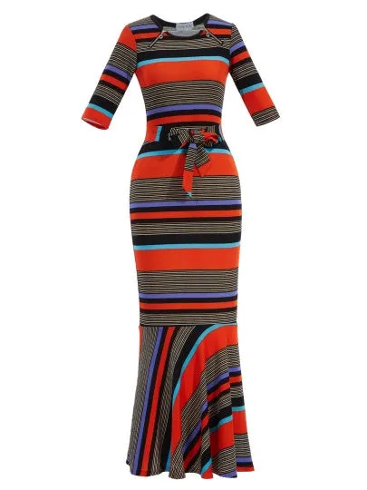 Colour Block Strip Belt Women's Maxi Dress