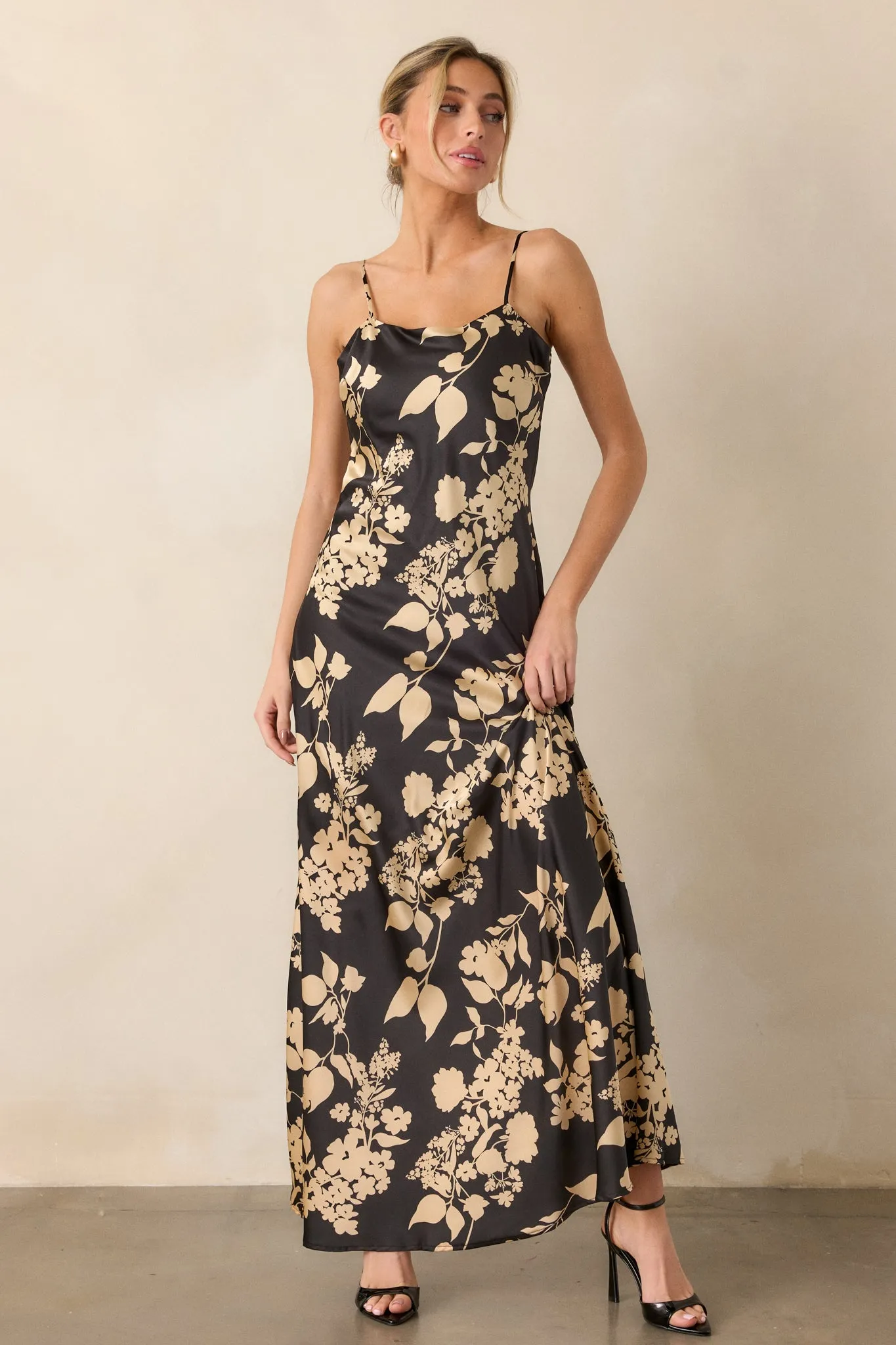 Crescent Glow Black Floral Satin Maxi Dress