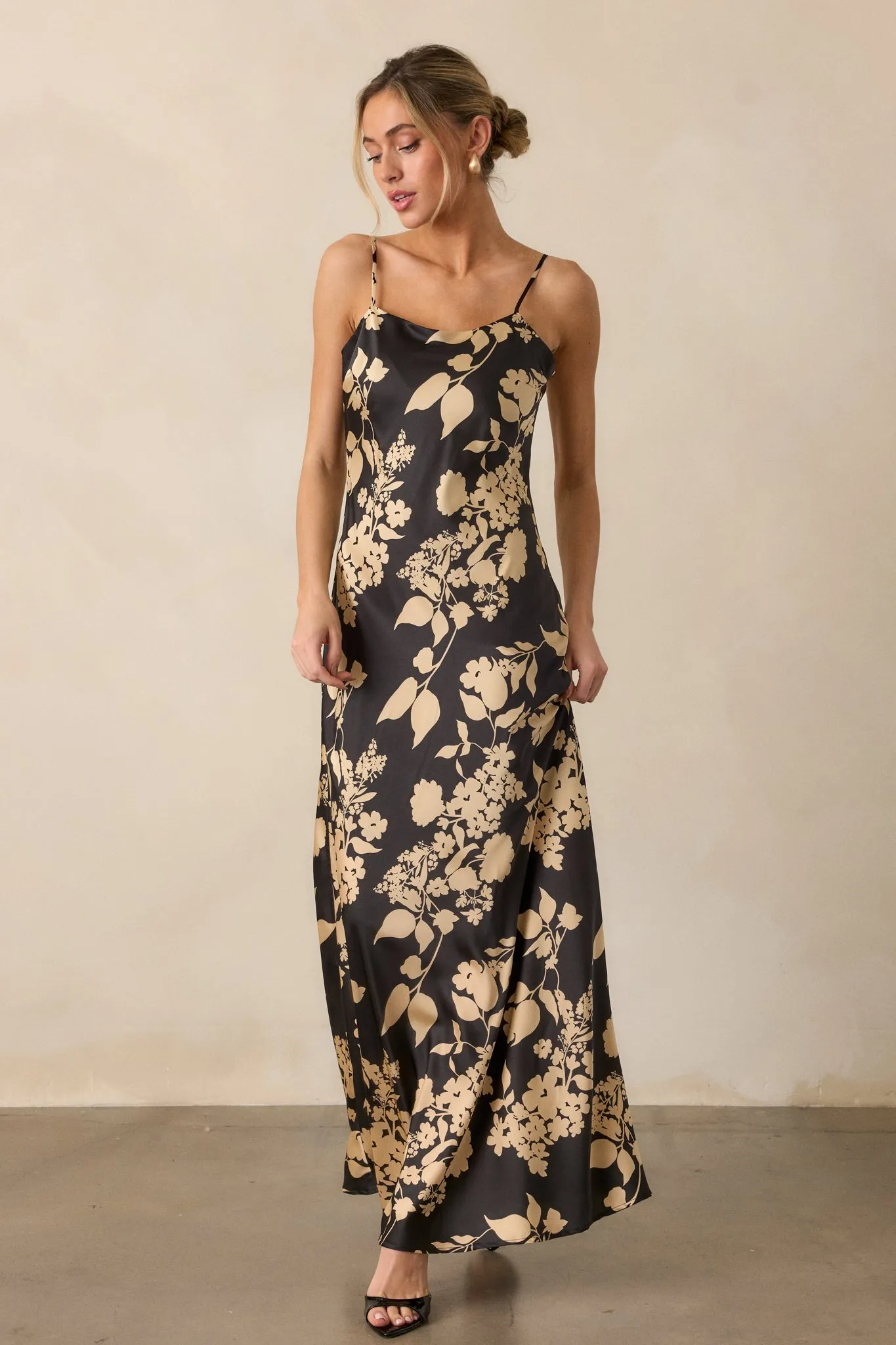 Crescent Glow Black Floral Satin Maxi Dress