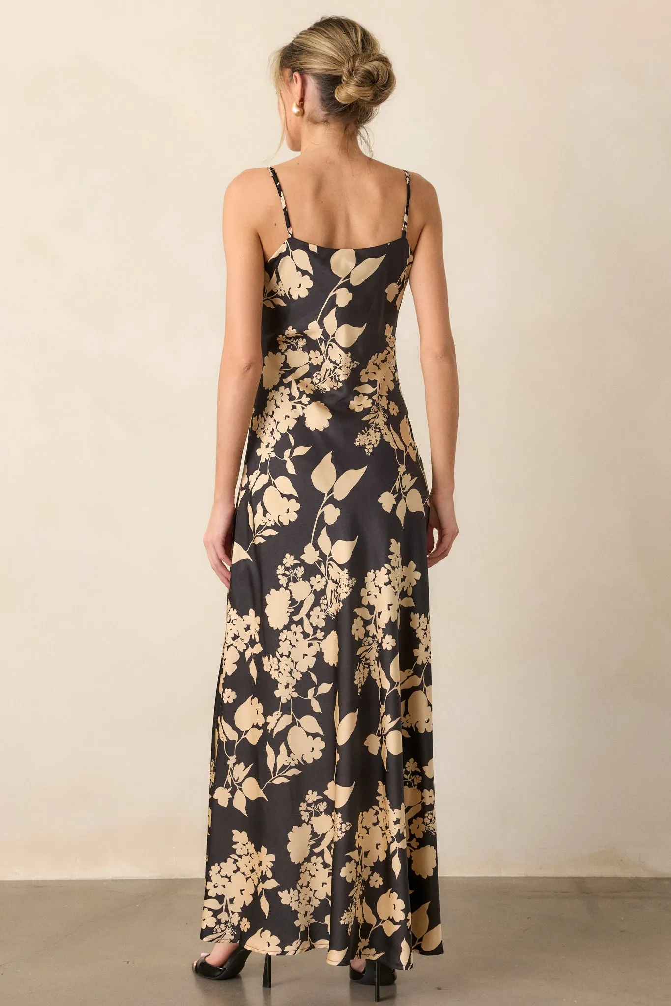 Crescent Glow Black Floral Satin Maxi Dress