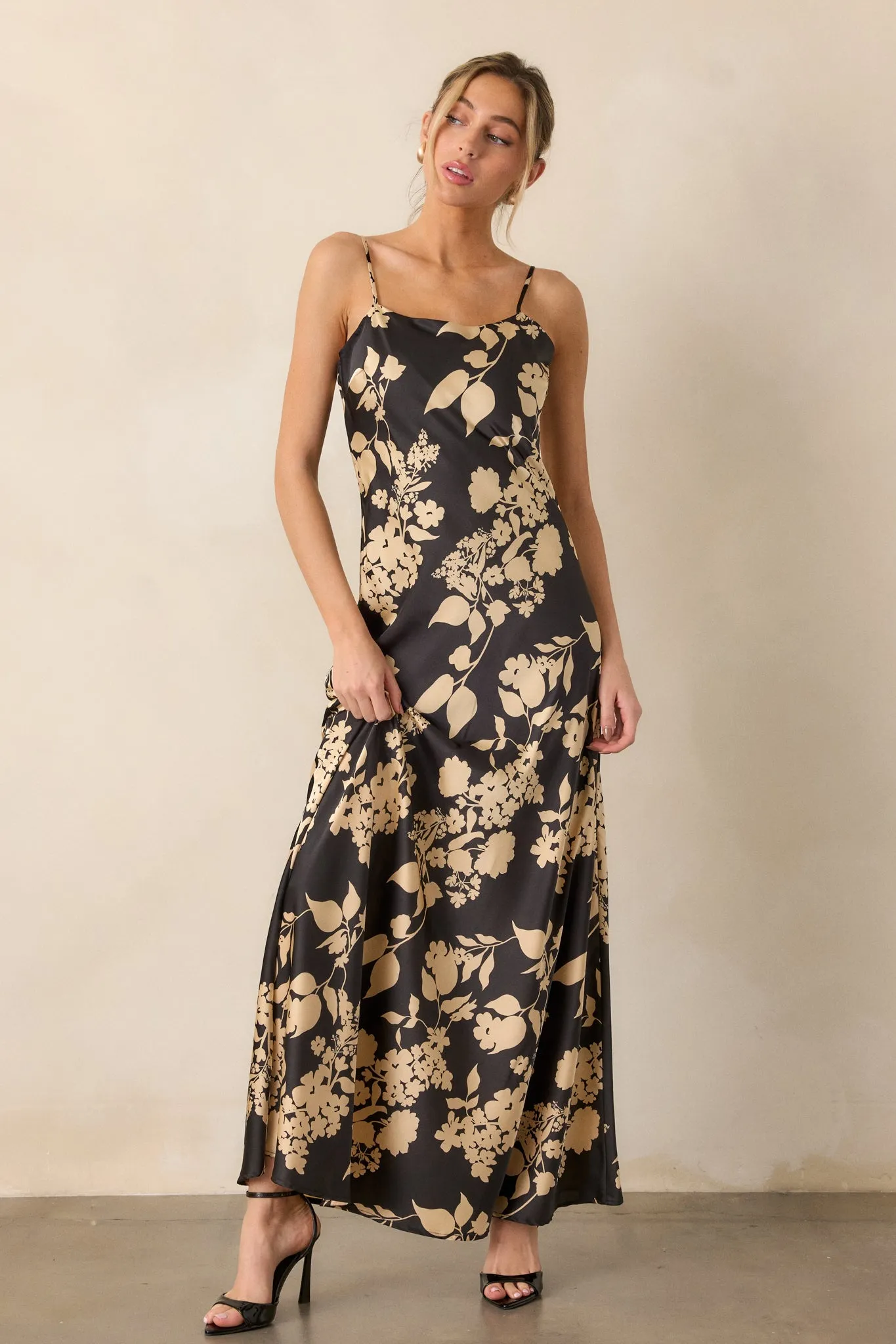 Crescent Glow Black Floral Satin Maxi Dress