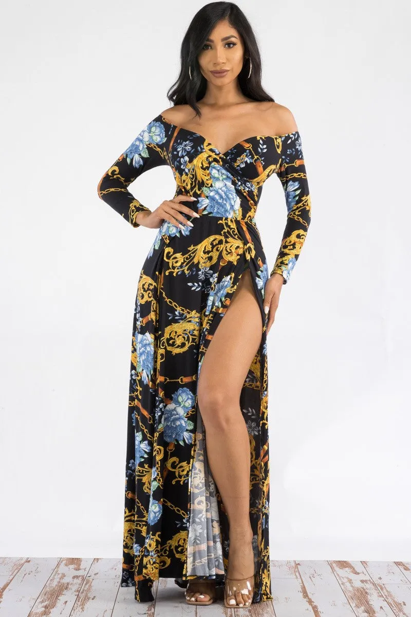 D7787 - Off The Shoulder Long Sleeve Maxi Dress