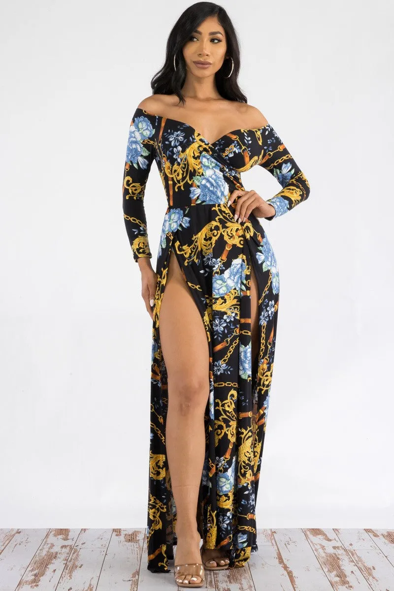 D7787 - Off The Shoulder Long Sleeve Maxi Dress