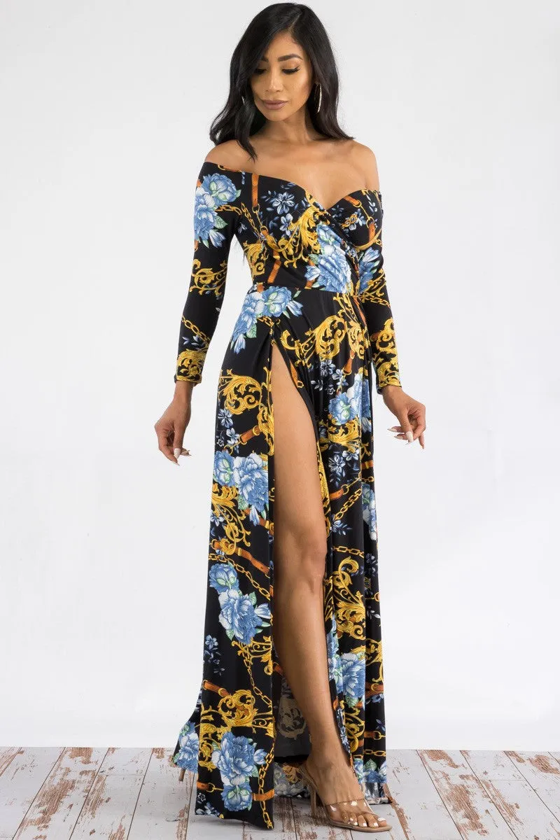 D7787 - Off The Shoulder Long Sleeve Maxi Dress