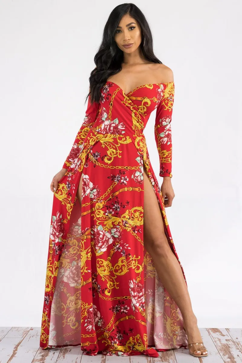 D7787 - Off The Shoulder Long Sleeve Maxi Dress