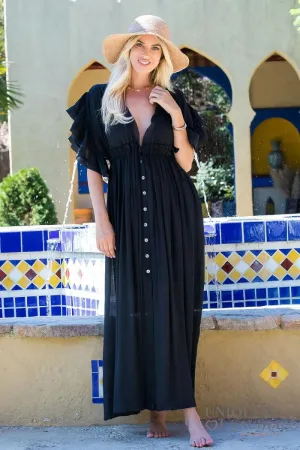 EDGY PLUS: Scarlett Deep V-Neck Ruffle Black Maxi Dress