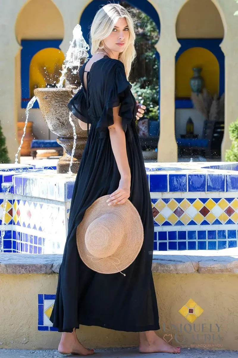 EDGY PLUS: Scarlett Deep V-Neck Ruffle Black Maxi Dress