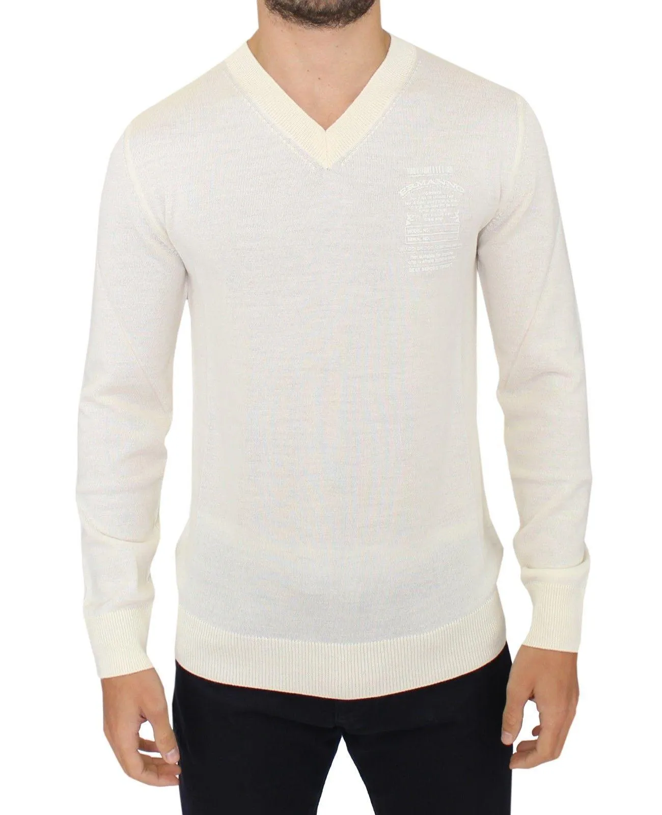 Ermanno Scervino Off White Wool Blend V-neck Pullover Sweater