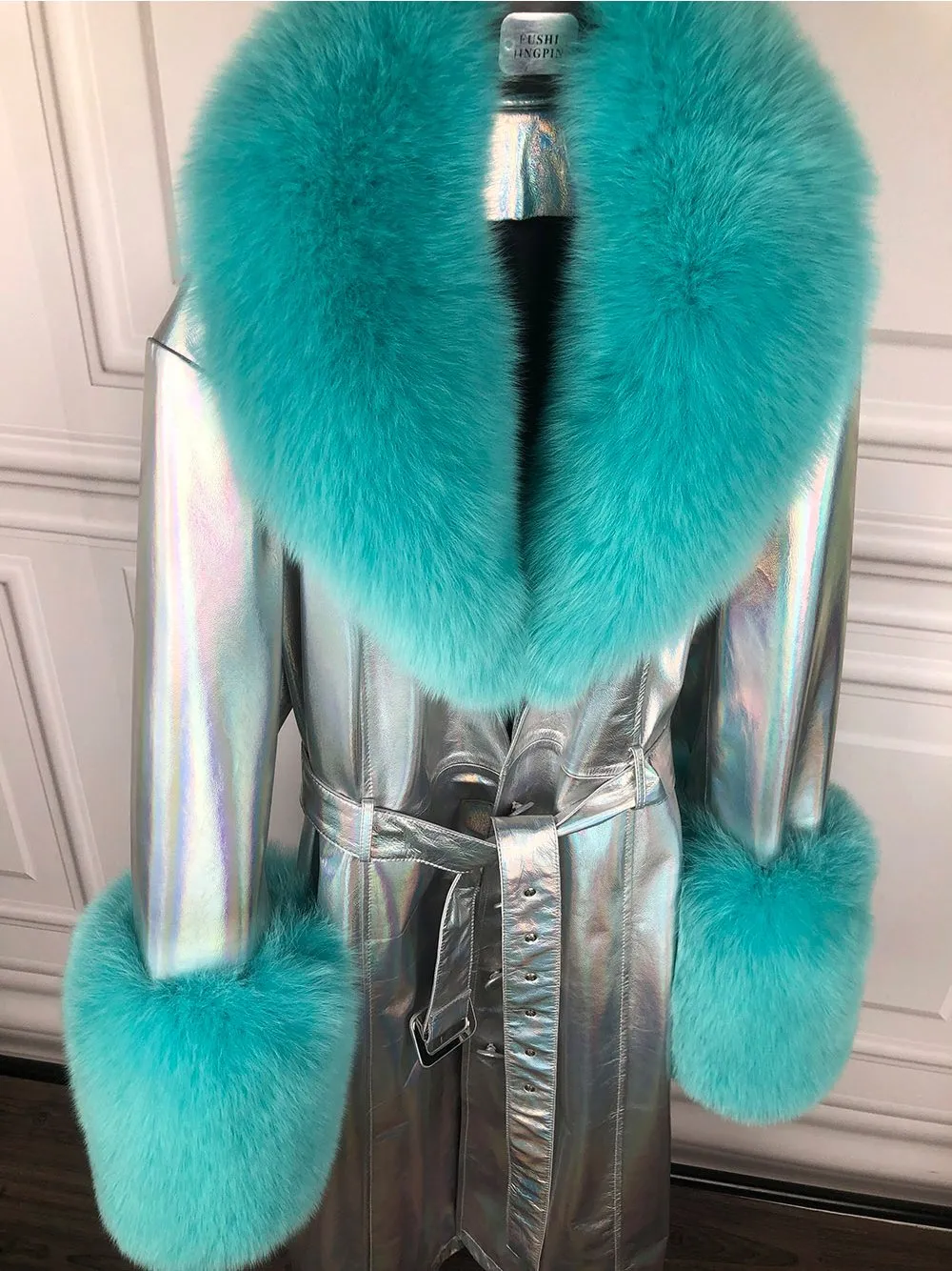 Faux Fur Genuine Patent Leather Coat in Silver / Turquoise