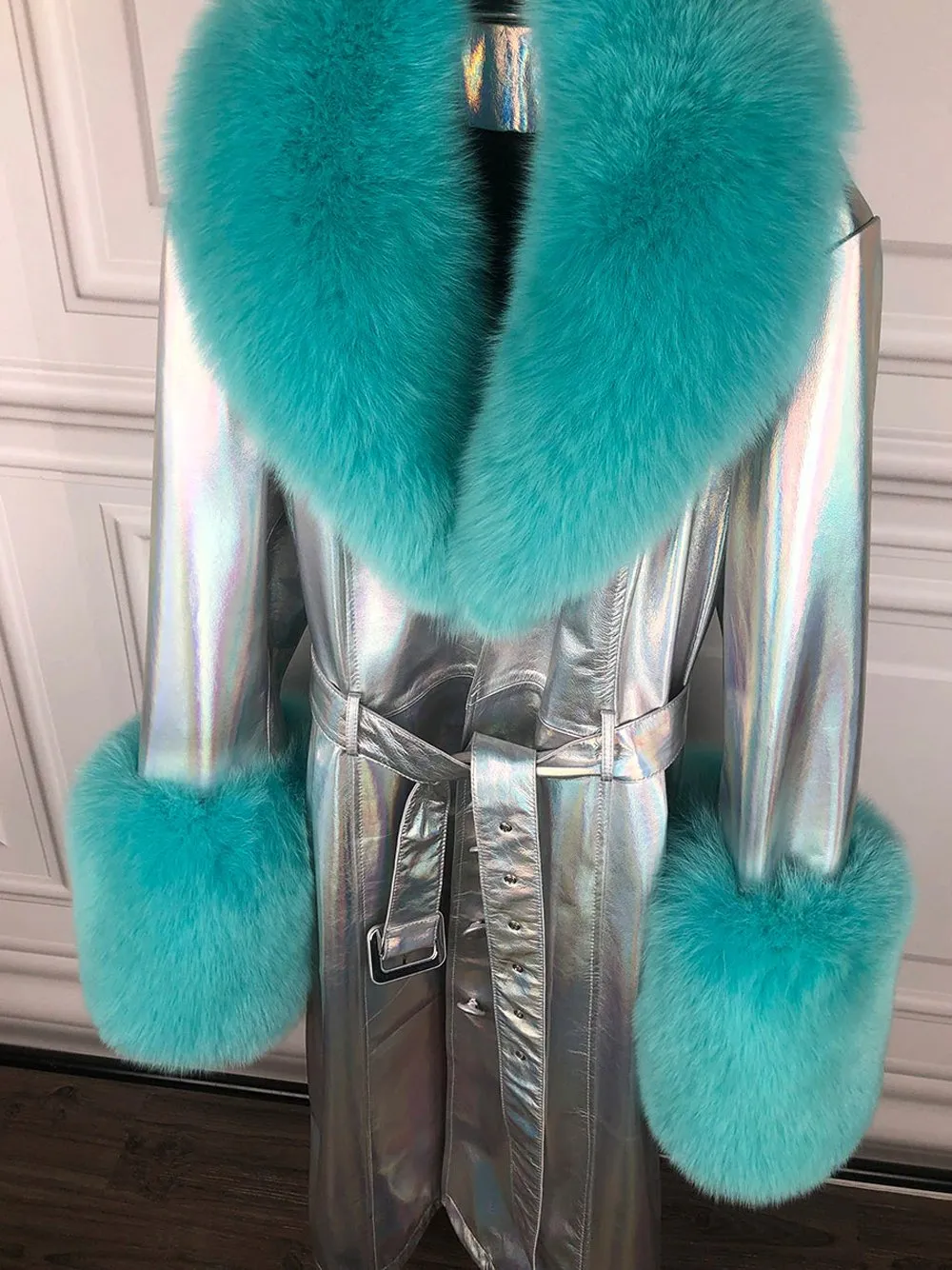 Faux Fur Genuine Patent Leather Coat in Silver / Turquoise