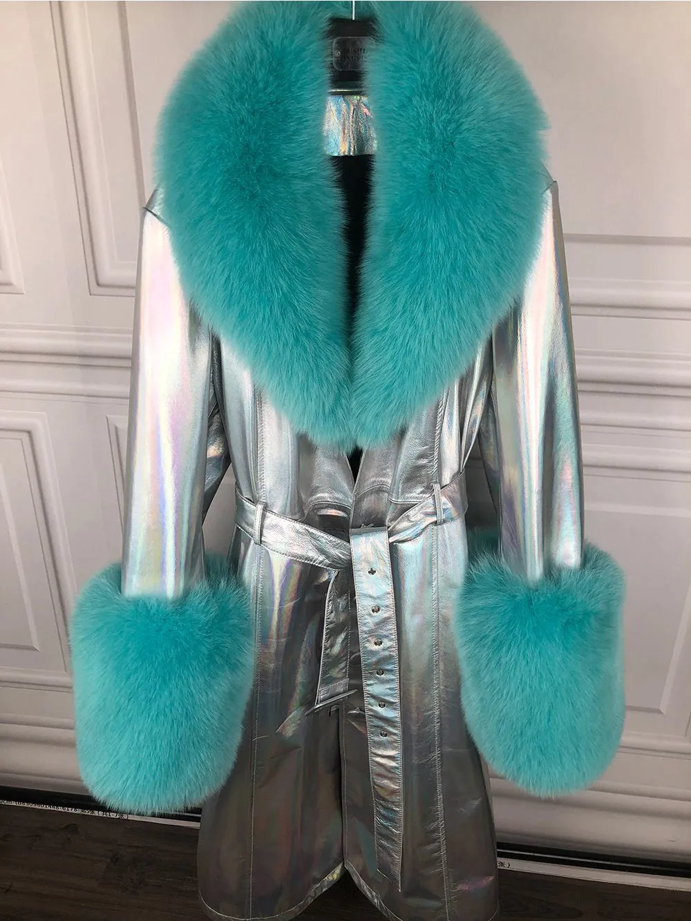 Faux Fur Genuine Patent Leather Coat in Silver / Turquoise