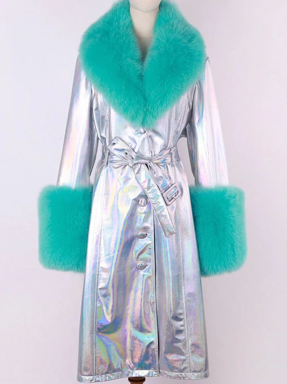 Faux Fur Genuine Patent Leather Coat in Silver / Turquoise