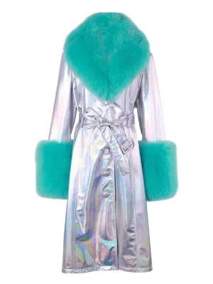 Faux Fur Genuine Patent Leather Coat in Silver / Turquoise