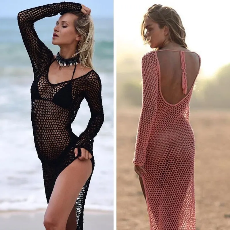 Fishnet Crochet Maxi Midi Dress Low Back Long Sleeve Scoop Neck Bikini Beach Cover Up Available In Tan Beige White Army  Green Black Or Pink One Size