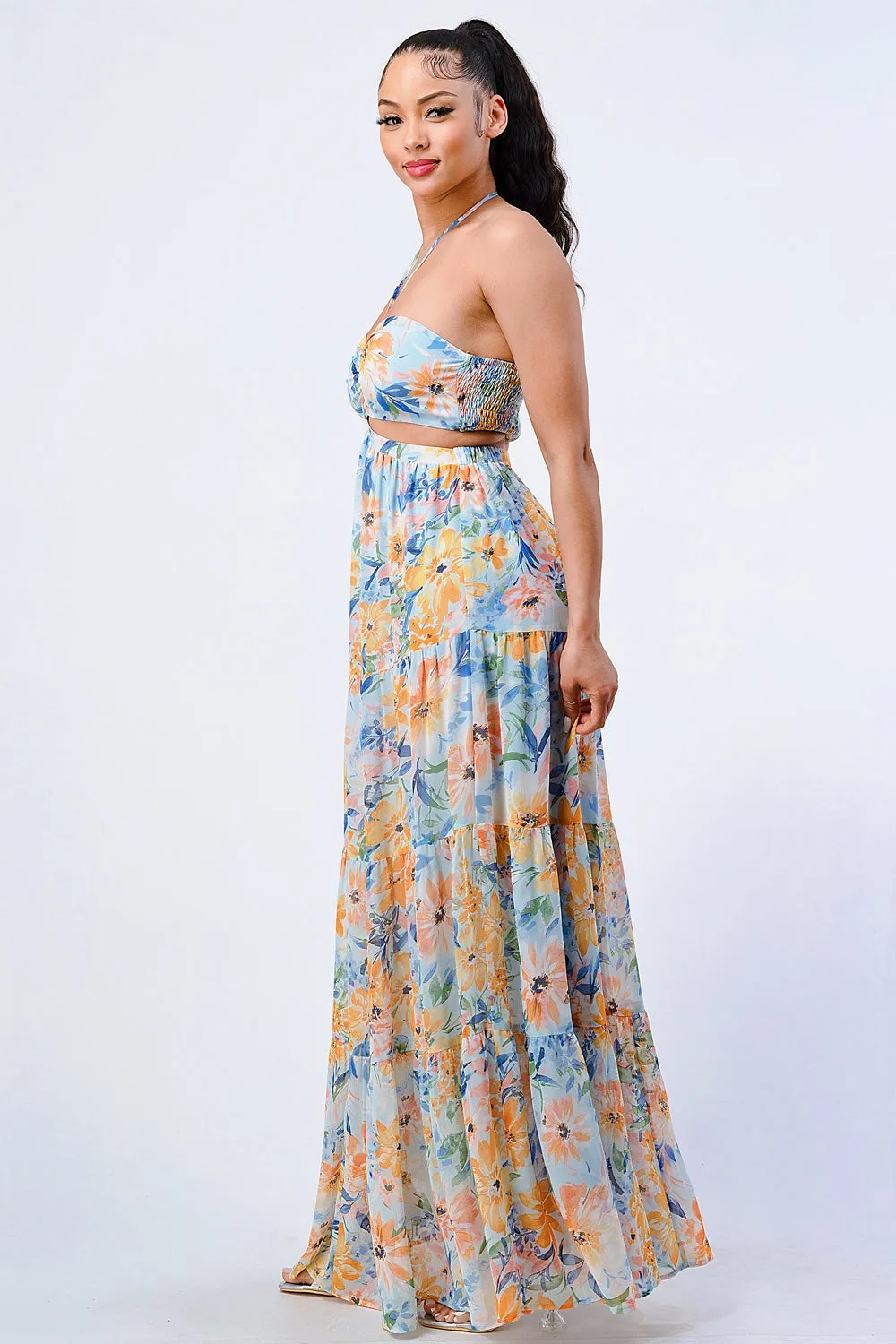 FLORAL HALTER SMOCKED SWEETHEART MAXI DRESS