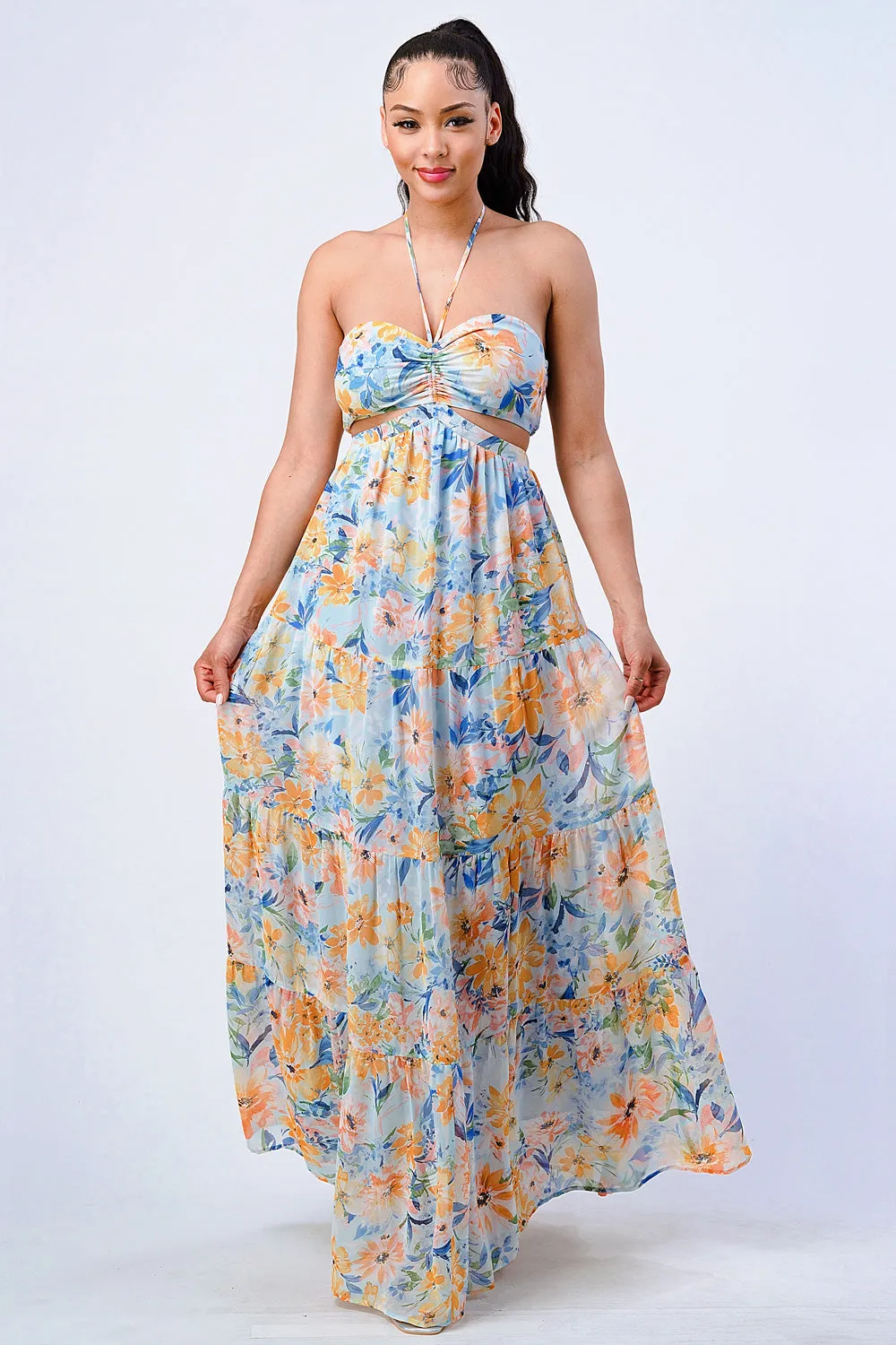 FLORAL HALTER SMOCKED SWEETHEART MAXI DRESS