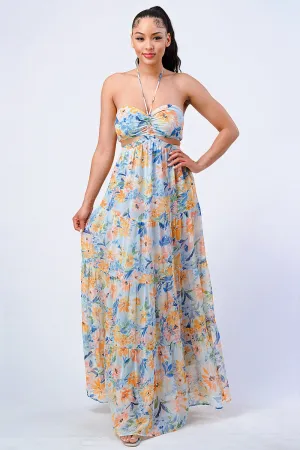 FLORAL HALTER SMOCKED SWEETHEART MAXI DRESS