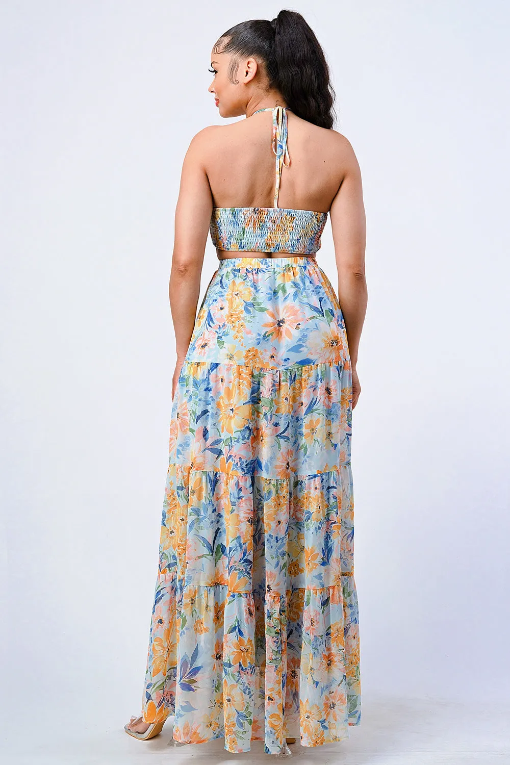 FLORAL HALTER SMOCKED SWEETHEART MAXI DRESS