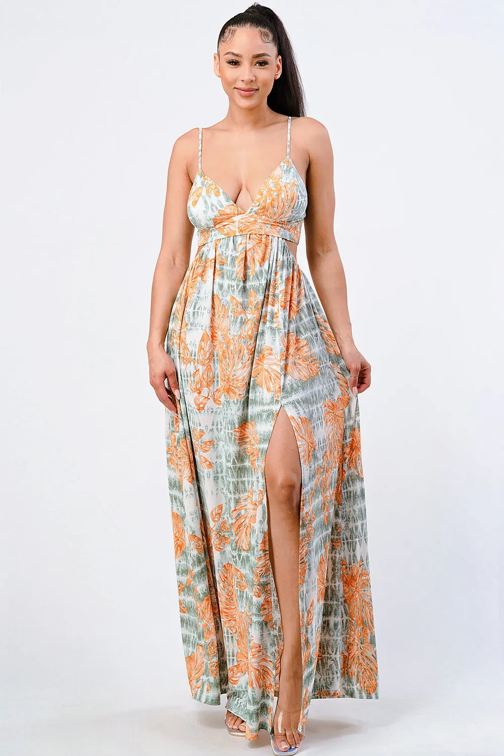 FLORAL PRINT SIDE CUTOUT SLITTED MAXI DRESS