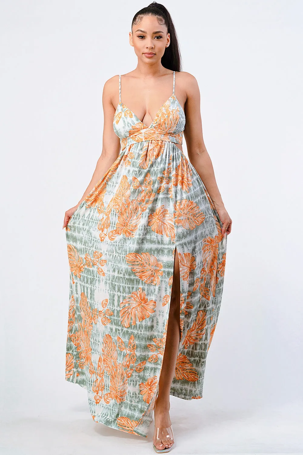 FLORAL PRINT SIDE CUTOUT SLITTED MAXI DRESS