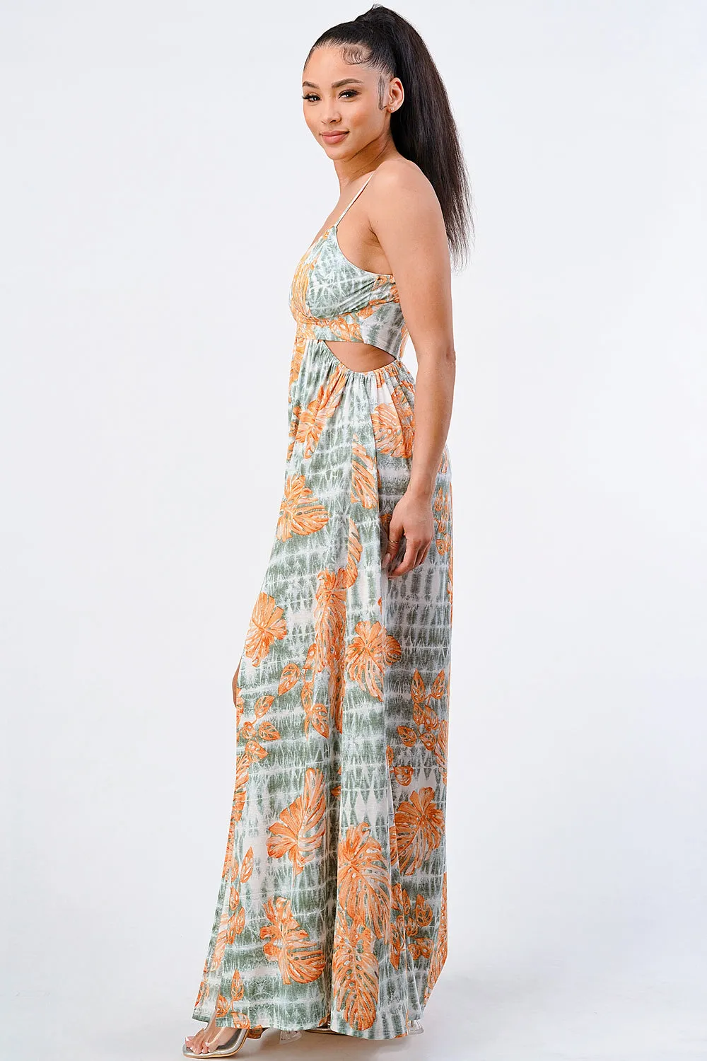 FLORAL PRINT SIDE CUTOUT SLITTED MAXI DRESS